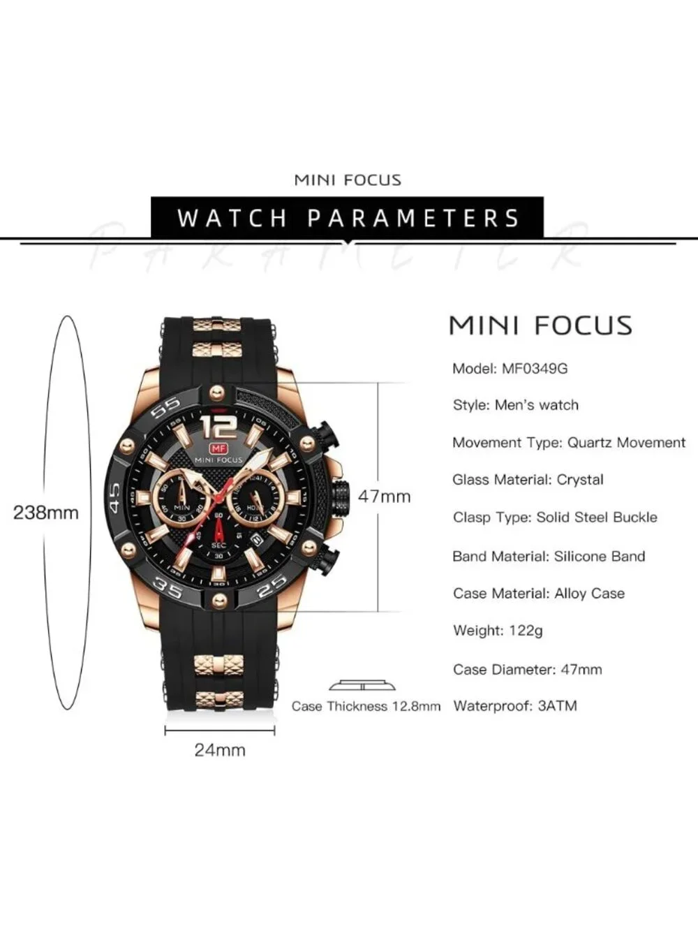 Men's Black Silicon Band Chronograph Waterproof Luminous Unique Casual Watch - Picture 6 of 6